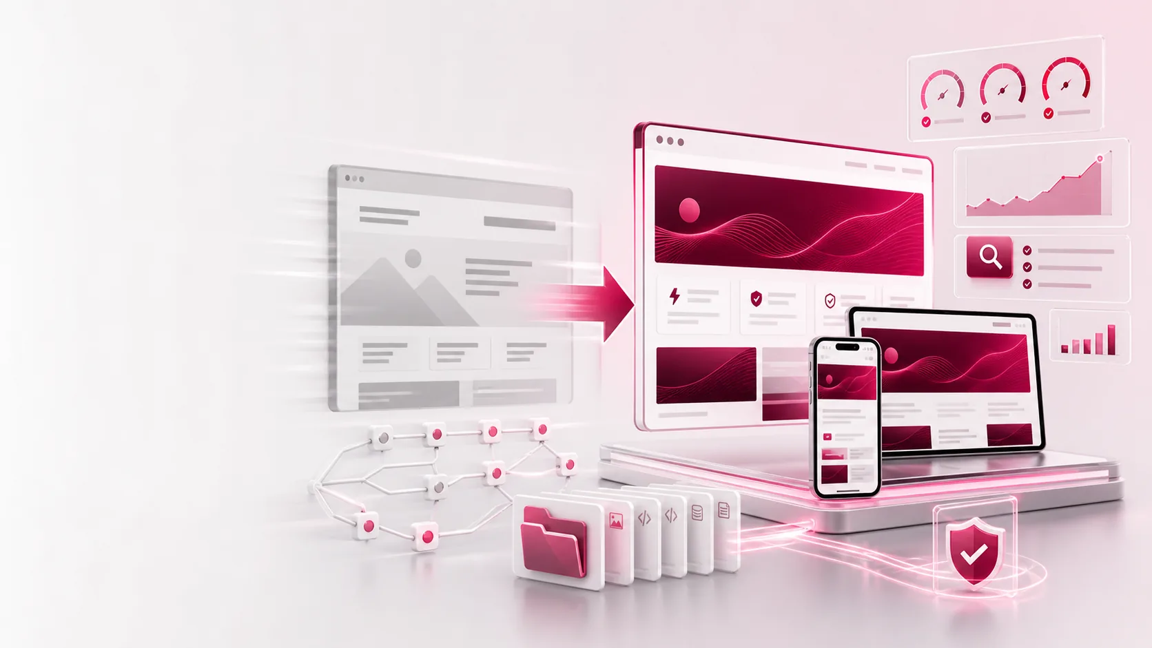 Abstract website modernization flow showing an old page transforming into a modern responsive site