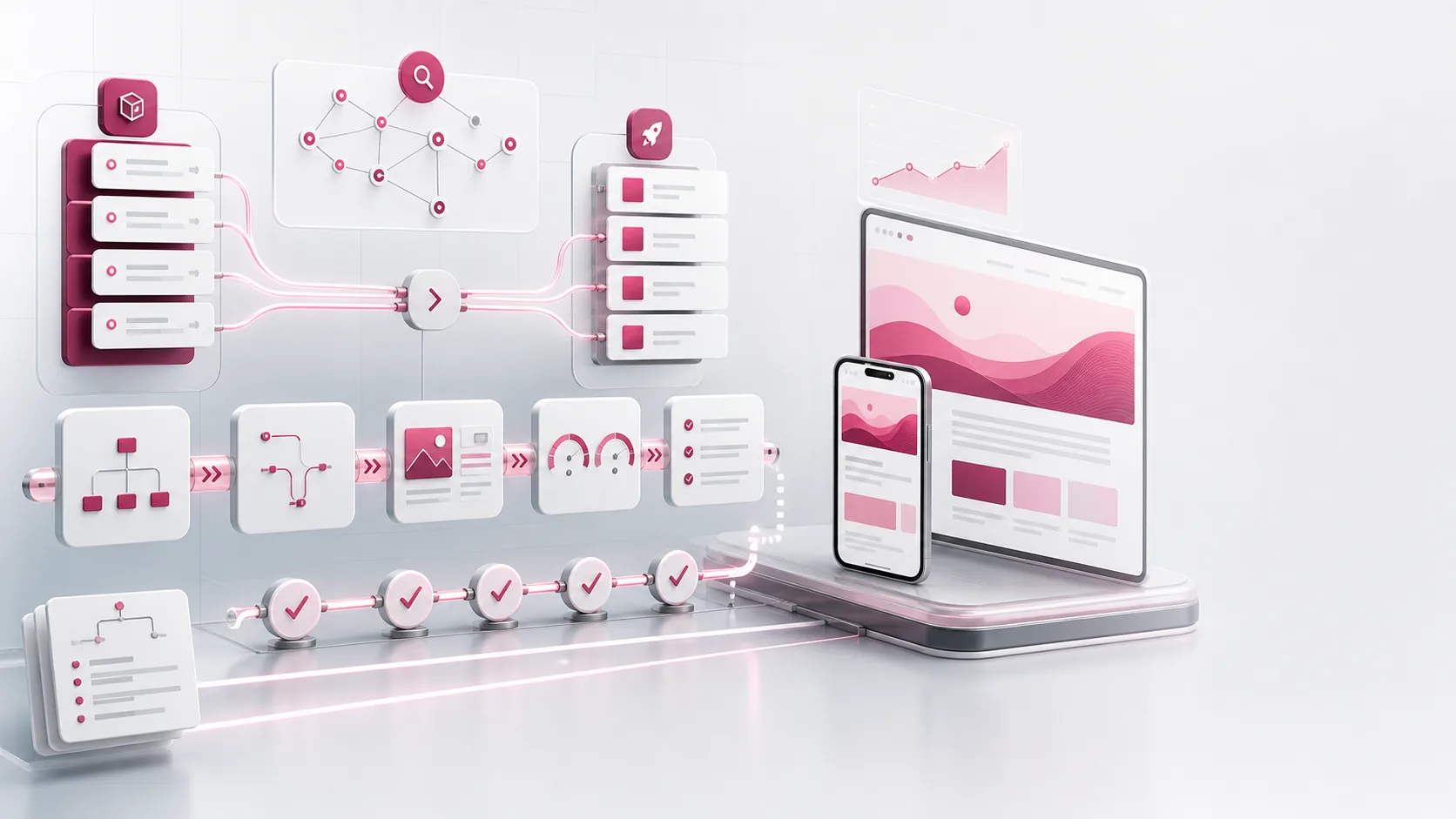 Abstract SEO-preserving website migration with route cards, performance gauges, sitemap blocks, and deployment checkpoints