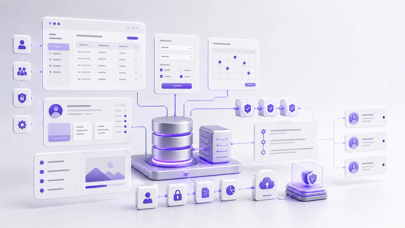 Abstract database-backed operating system with admin tables, portal cards, audit timeline, and secure backups