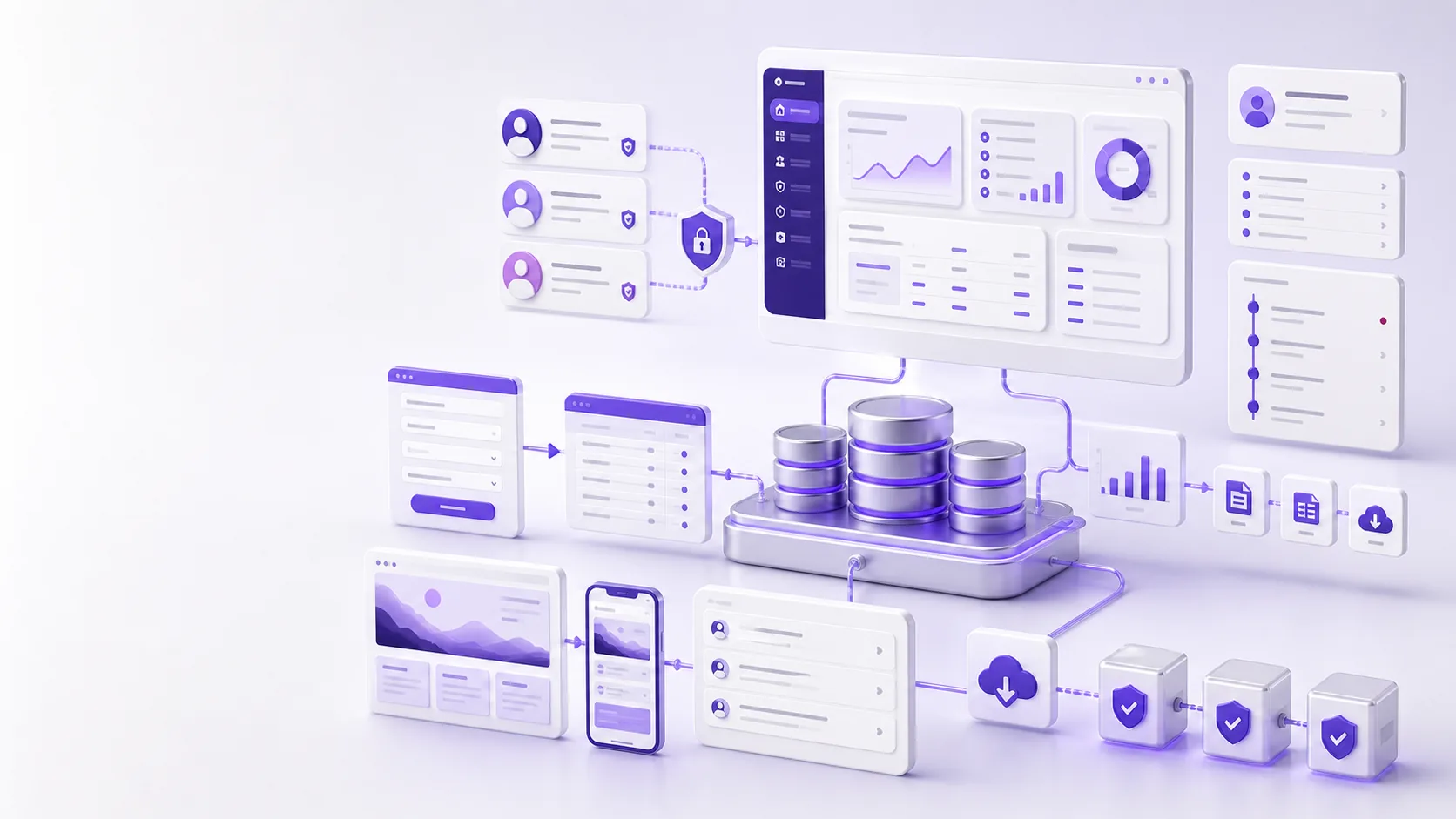 Abstract full-stack web system with admin dashboard, database clusters, permissions, and backup nodes
